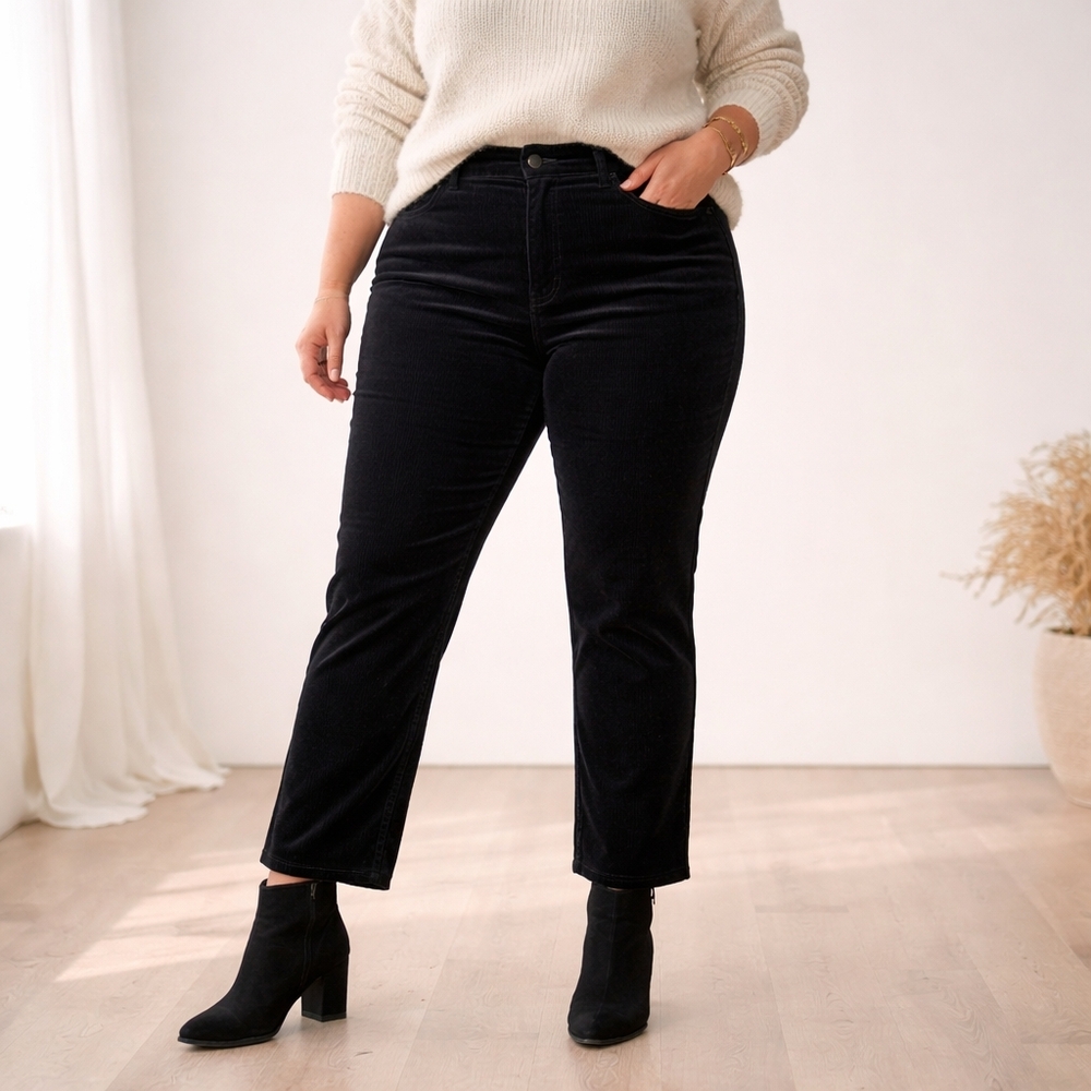 ❤️ Black Velvet Corduroy Straight Leg Pants High Rise Stretch Ankle Large XL